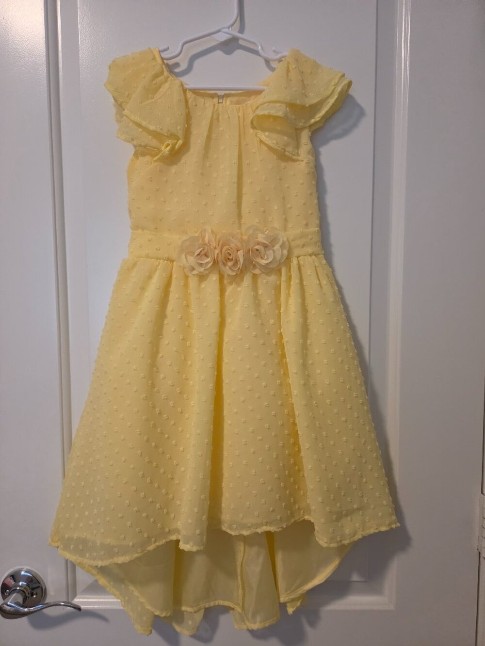 Girls Yellow Flutter Sleeve Dress Floral Waist Detail, size 8